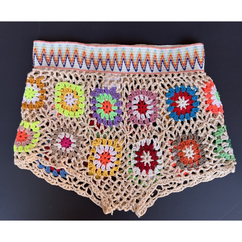 Granny Square Crochet Shorts Womens L Boho Festival Colorful Knit Pull On - Picture 3 of 13